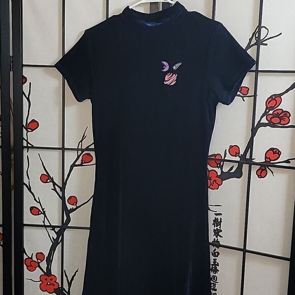 Lazy Oaf Midnight Planet Dress Size L Blue Velvet Celestial Moon - Picture 2 of 10